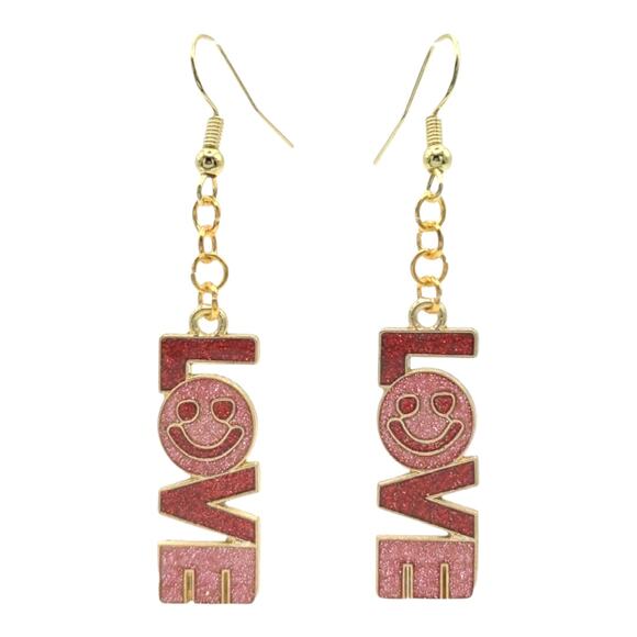 Glitter LOVE Smiley Face Earrings ✨ Y2K Retro Red Pink Gold Dangle - Picture 1 of 3